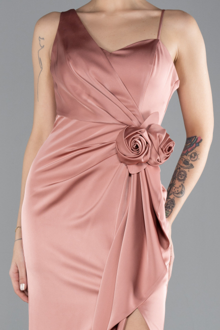Soğan Kabuğu Slit Long Satin Evening Gown ABU4498