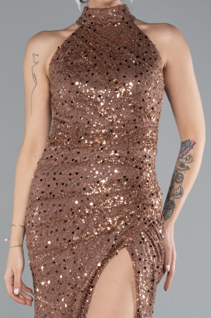 Copper Halter Neck Slit Long Scaly Evening Gown ABU4376