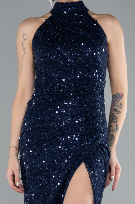 Navy Blue Halter Neck Slit Long Scaly Evening Gown ABU4376