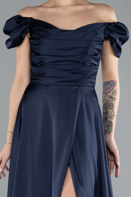 Navy Blue Boat Neck Slit Long Satin Prom Gown ABU4508
