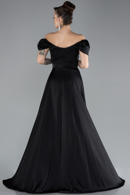 Black Boat Neck Slit Long Satin Prom Gown ABU4508