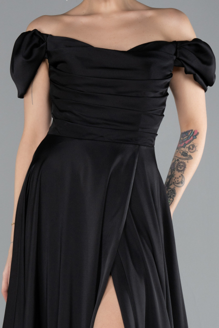 Black Boat Neck Slit Long Satin Prom Gown ABU4508
