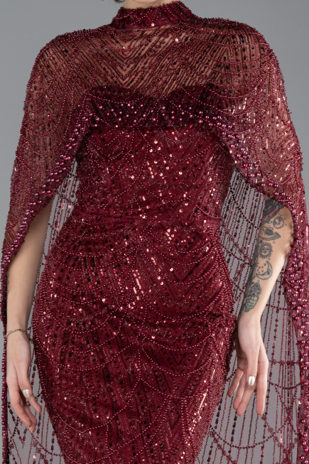 Burgundy Strapless Shawl Stoned Long Evening Gown ABU4517
