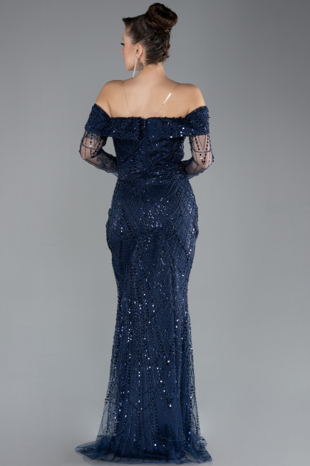 Navy Blue Boat Neck Slit Stone Long Mermaid Evenng Gown ABU4521
