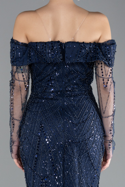 Navy Blue Boat Neck Slit Stone Long Mermaid Evenng Gown ABU4521