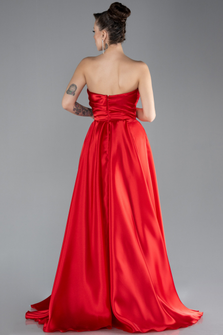Red Strapless Slit Long Satin Prom Gown ABU4522