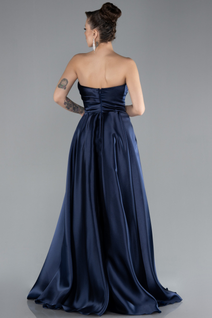 Navy Blue Strapless Slit Long Satin Prom Gown ABU4522