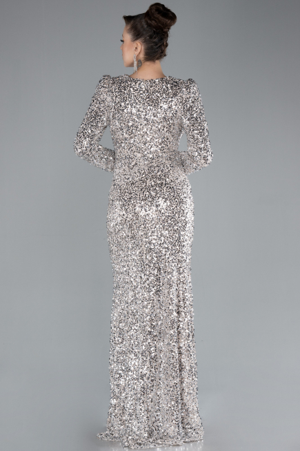 Beige Long Sleeve Slit Sequined Evening Gown ABU4329
