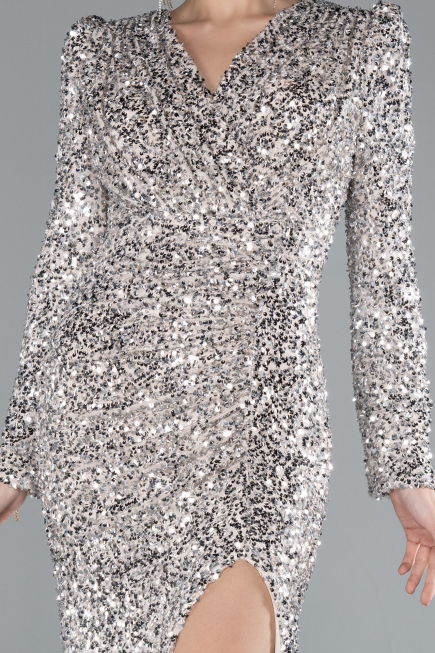 Beige Long Sleeve Slit Sequined Evening Gown ABU4329