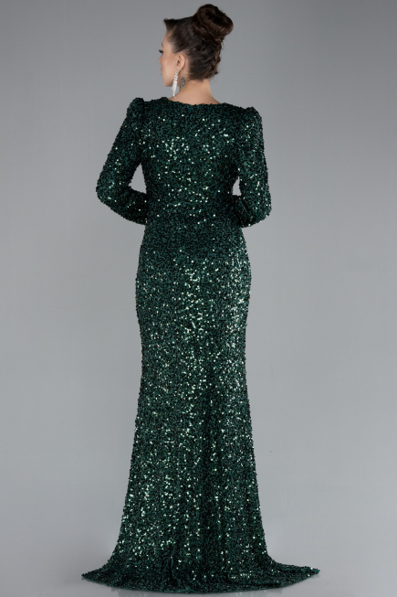 Emerald Green Long Sleeve Slit Sequined Evening Gown ABU4329
