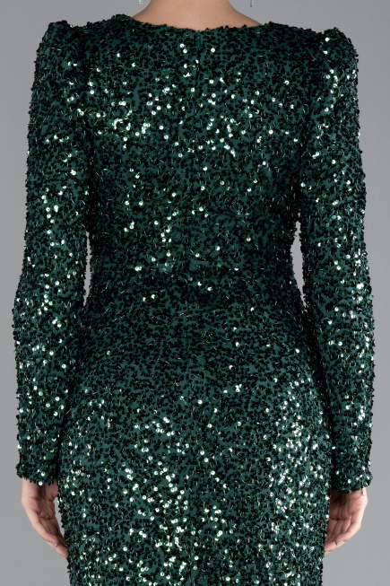 Emerald Green Long Sleeve Slit Sequined Evening Gown ABU4329