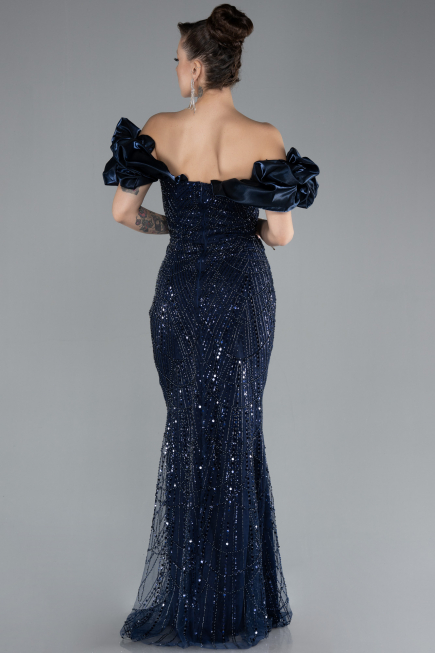 Navy Blue Stone Strapless Sleeve Accessories Long Mermaid Evening Gown ABU4509