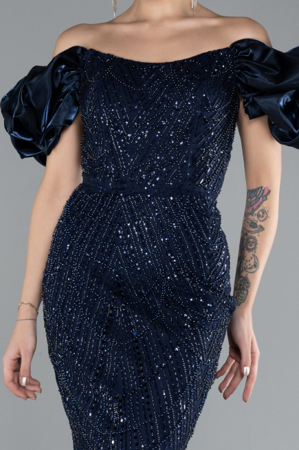 Navy Blue Stone Strapless Sleeve Accessories Long Mermaid Evening Gown ABU4509