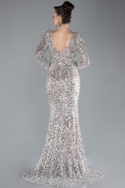 Beige Long Sleeve Slit Sequined Evening Gown ABU4512
