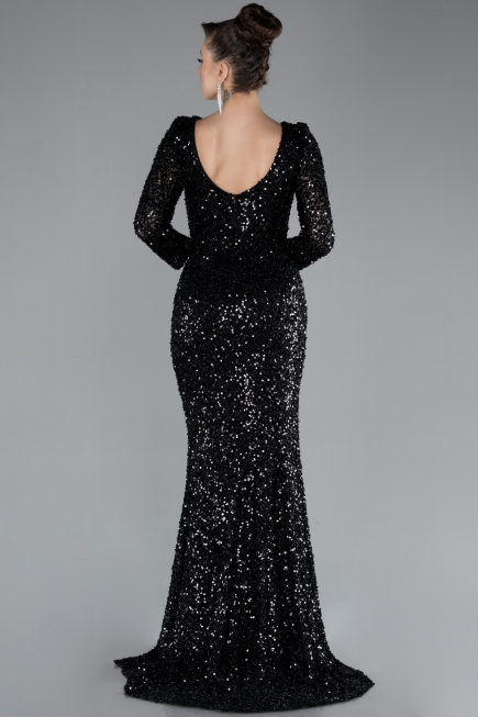 Black Long Sleeve Slit Sequined Evening Gown ABU4512