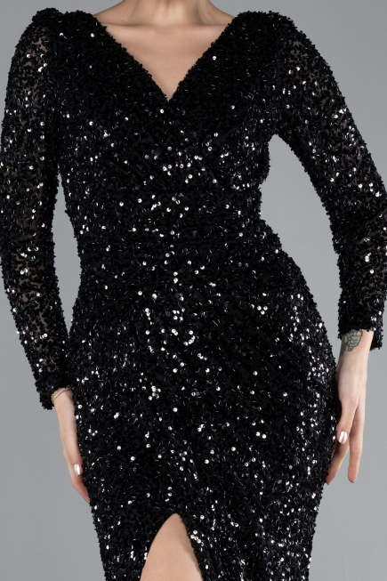 Black Long Sleeve Slit Sequined Evening Gown ABU4512