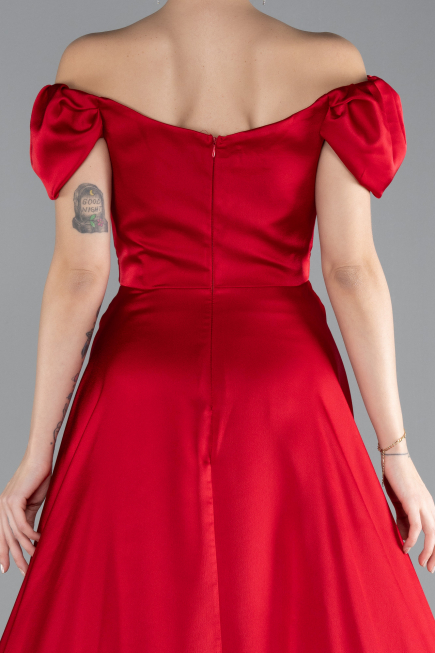 Red Boat Neck Slit Long Satin Prom Gown ABU4508