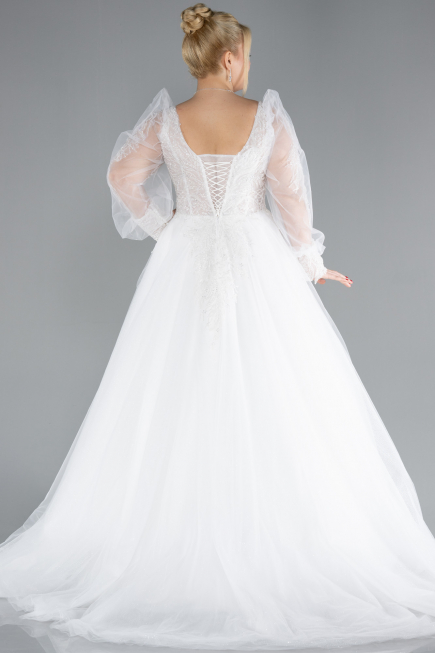 White Stone Embroidered Long Sleeve Plus Size Wedding Dress ABG021