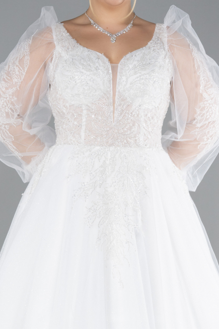 White Stone Embroidered Long Sleeve Plus Size Wedding Dress ABG021