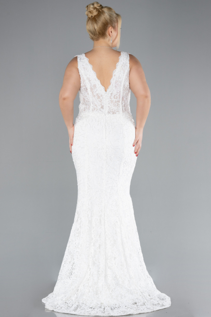 White Sleeveless Underwire Corset Lace Long Plus Size Evening Gown ABU4504