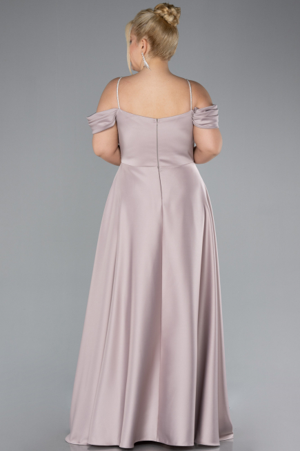 Beige Strapy Slit Long Satin Plus Size Evening Gown ABU4528