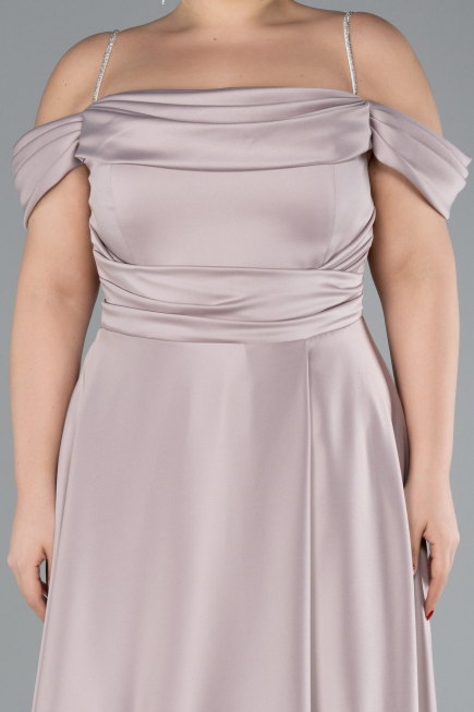 Beige Strapy Slit Long Satin Plus Size Evening Gown ABU4528