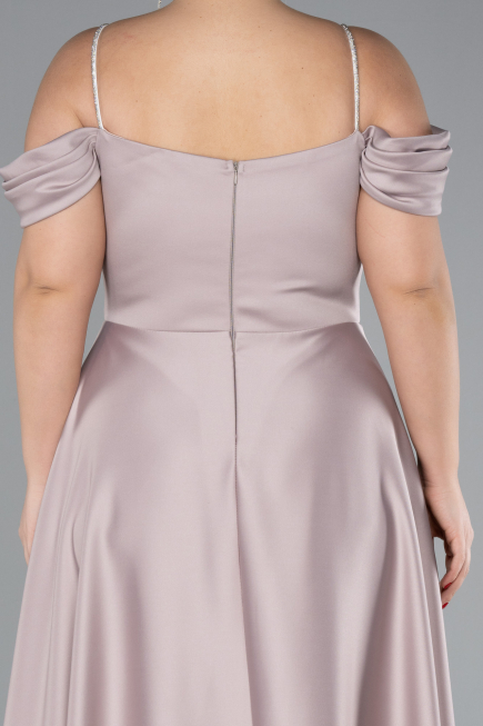 Beige Strapy Slit Long Satin Plus Size Evening Gown ABU4528