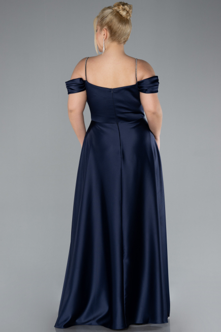 Navy Blue Strapy Slit Long Satin Plus Size Evening Gown ABU4528