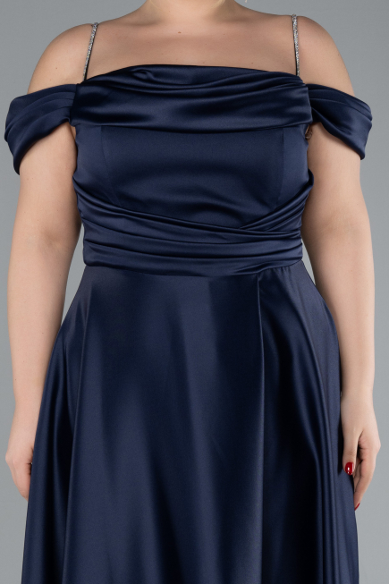 Navy Blue Strapy Slit Long Satin Plus Size Evening Gown ABU4528