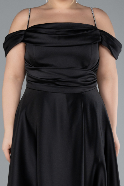 Black Strapy Slit Long Satin Plus Size Evening Gown ABU4528