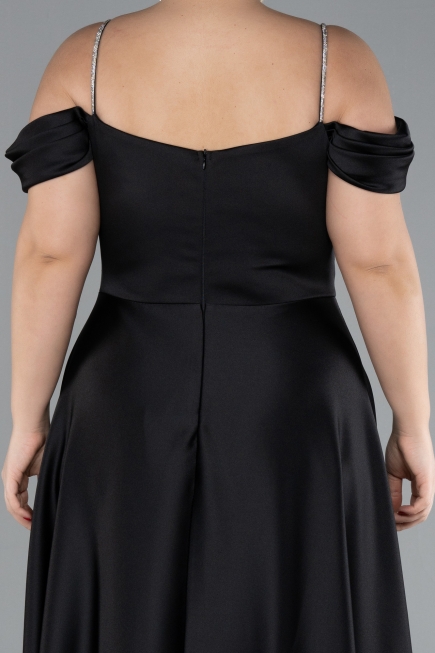 Black Strapy Slit Long Satin Plus Size Evening Gown ABU4528