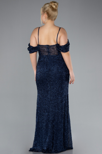 Navy Blue Slit Long Stone Plus Size Prom Dress ABU4395