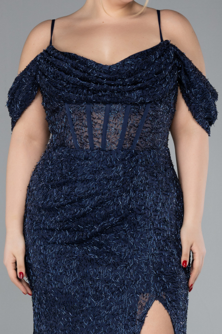 Navy Blue Slit Long Stone Plus Size Prom Dress ABU4395