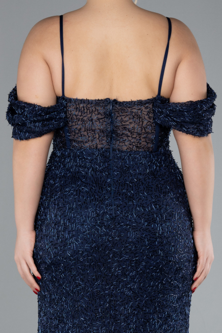 Navy Blue Slit Long Stone Plus Size Prom Dress ABU4395