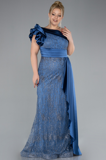 Indigo One Shoulder Glitter Long Plus Size Evening Gown ABU4060