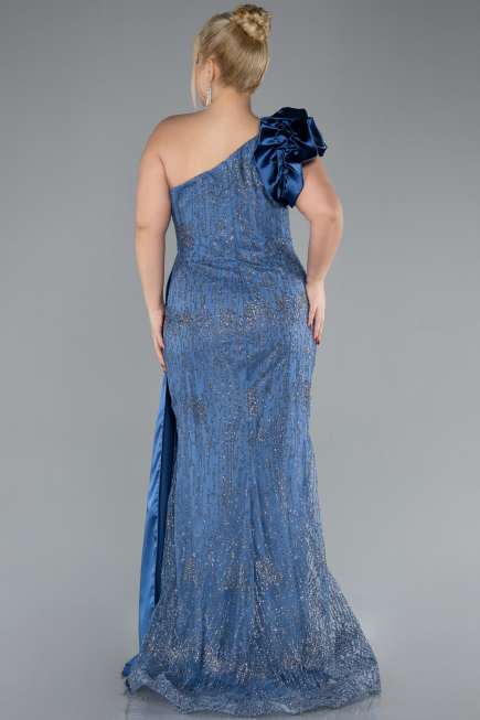 Indigo One Shoulder Glitter Long Plus Size Evening Gown ABU4060