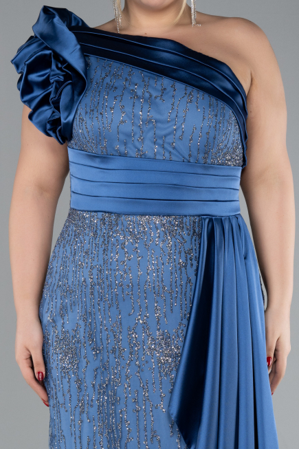 Indigo One Shoulder Glitter Long Plus Size Evening Gown ABU4060