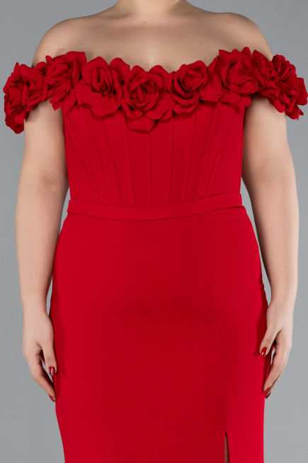 Red Floral Collar Slit Long Plus Size Evening Gown ABU4388