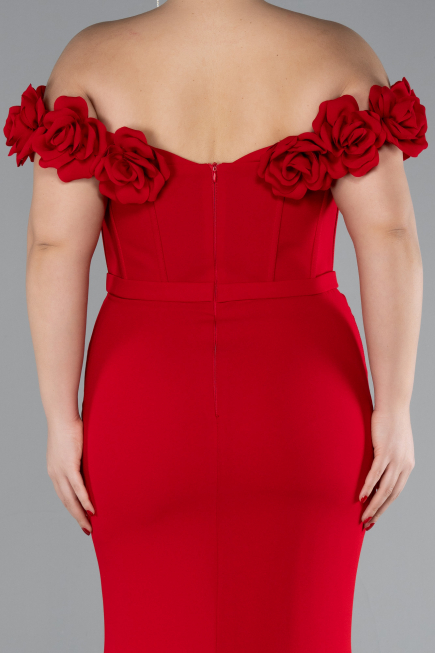 Red Floral Collar Slit Long Plus Size Evening Gown ABU4388
