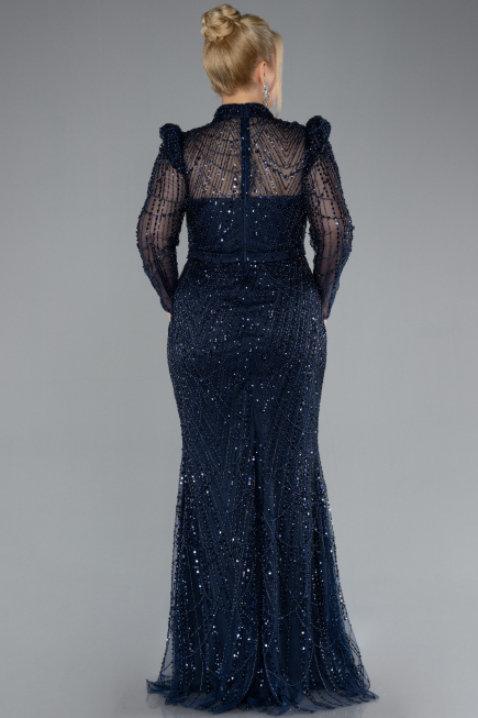 Navy Blue Long Sleeve High Collar Stoned Evening Gown ABU4526