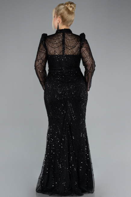 Black Long Sleeve High Collar Stoned Evening Gown ABU4526