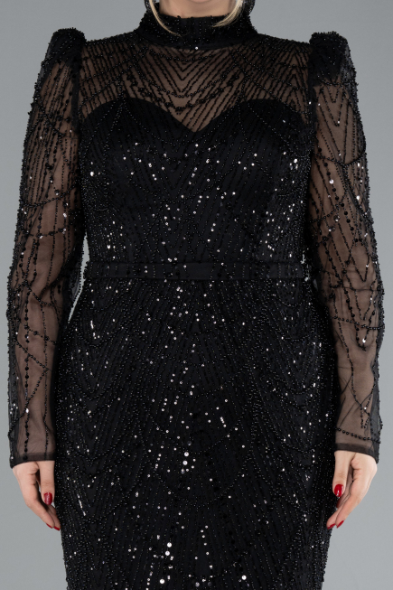 Black Long Sleeve High Collar Stoned Evening Gown ABU4526