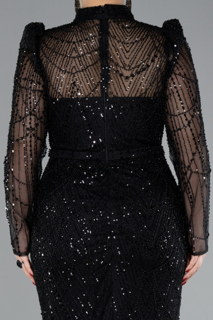 Black Long Sleeve High Collar Stoned Evening Gown ABU4526