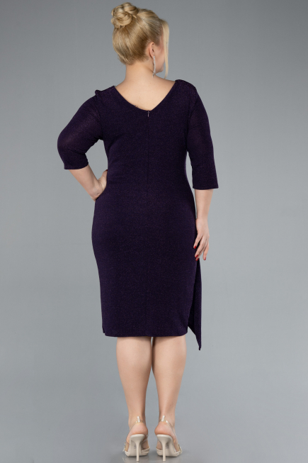 Dark Purple Capri Sleeve Midi Plus Size Evening Dress ABK1950