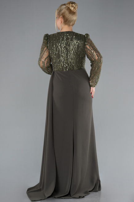 Olive Drab Stoned Long Sleeve Slit Plus Size Evening Gown ABU4311