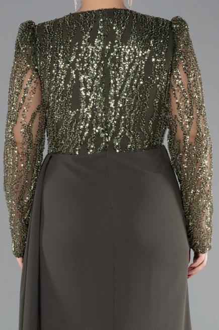 Olive Drab Stoned Long Sleeve Slit Plus Size Evening Gown ABU4311