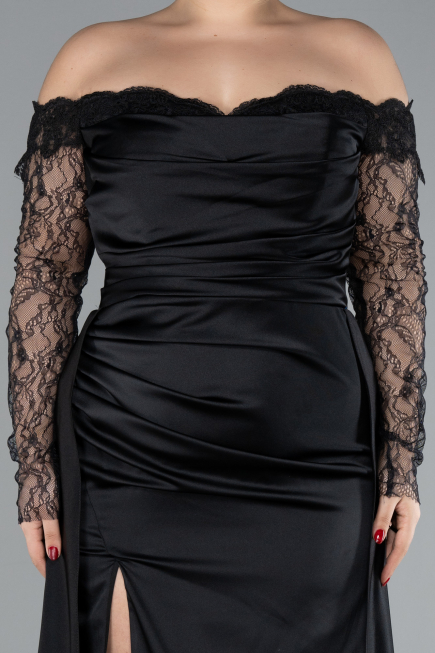 Black Laced Long Sleeve Slit Satin Plus Size Evening Dress ABU4348
