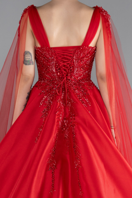Red Sleeveless Stoned Long Haute Couture Dress ABU4432
