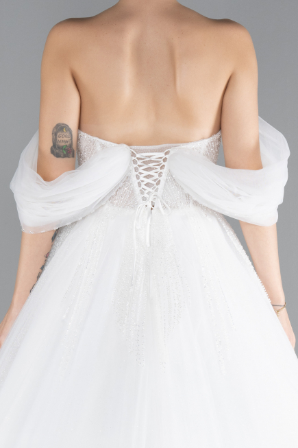 White Boat Neck Stoned Long Princess Wedding Dress ABU4529