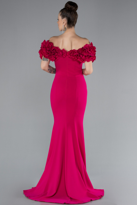Fuchsia Boat Neck Slit Long Evening Dress ABU4080